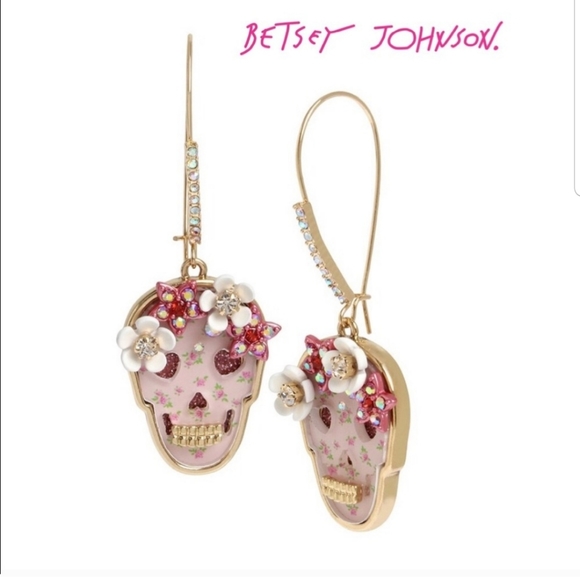 Crystal Accent Pink Floral Skull Drop Earrings - Picture 2 of 6